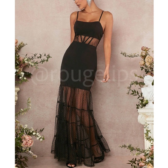 Black Lace Maxi Dress Sheer Details Flared Mermaid Skirt